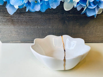 Kintsugi Repaired White Lotus Flower Dish Gold Inlay